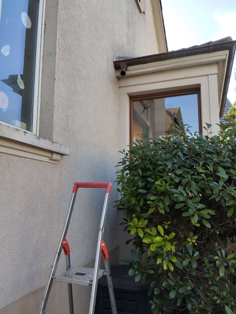 Unter dem kleinen Vordach eines Hauses in Rothenfluh befindet sich ein moegliches Hornissennest, dessen Entfernung einen Kammerjaeger erfordern kann.